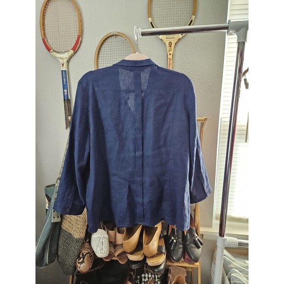 Lafayette 148 Navy Linen Pintuck Button Front Blouse Size 14 Unique - Picture 2 of 9